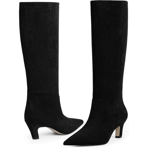 Women's Black Suede Pointed Toe Kitten Low Heel Faux Leather Fall Long Boots - Picture 5 of 8